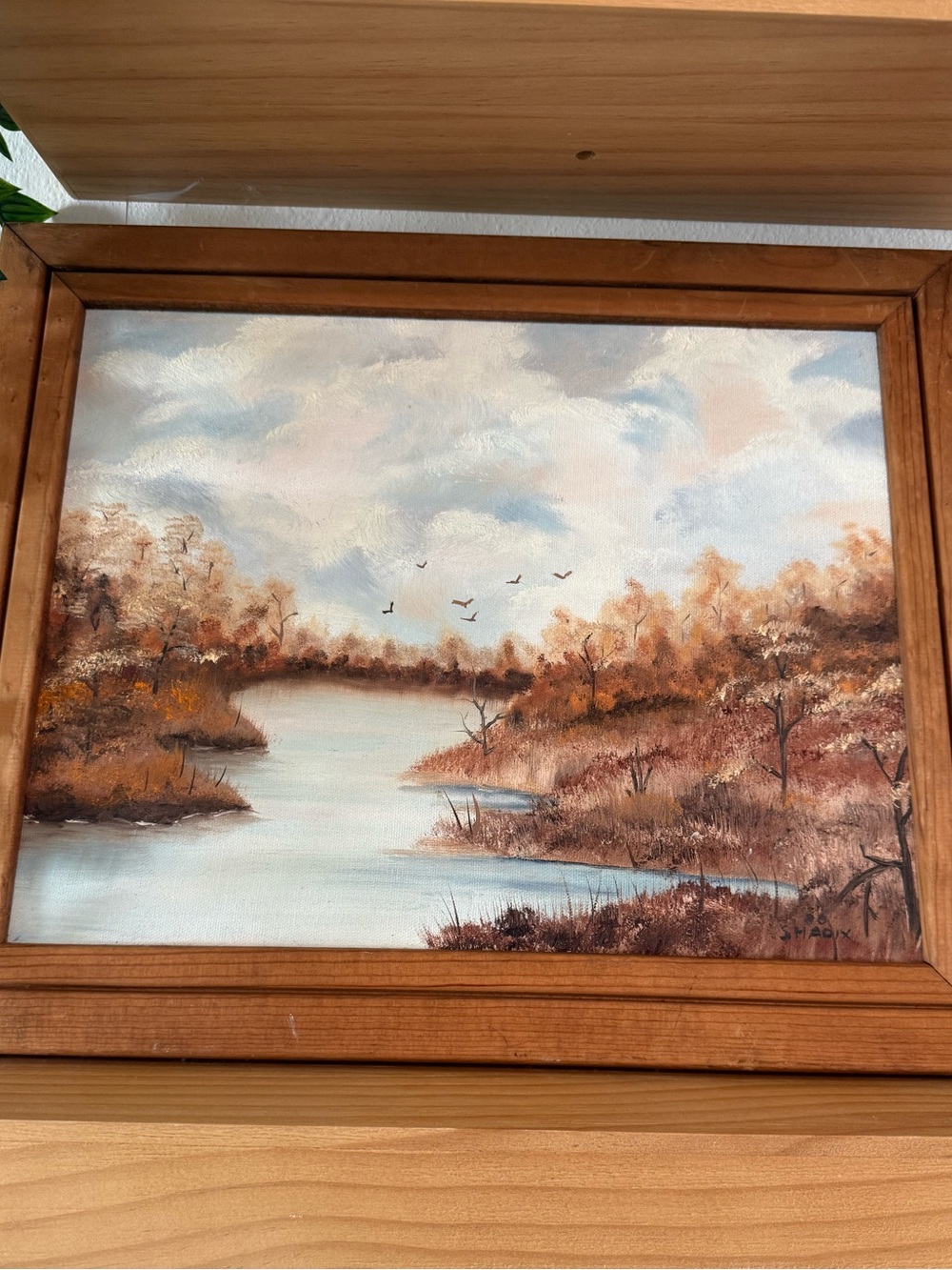 Framed Autumn River Landscape Wall Art - Brown